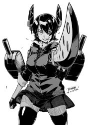 Rule 34 | 1girl, cannon, cowboy shot, dated, eyepatch, fingerless gloves, gloves, greyscale, grin, highres, holding, holding sword, holding weapon, jacket, kantai collection, long sleeves, looking at viewer, medium hair, miniskirt, monochrome, necktie, one eye covered, pleated skirt, signature, simple background, skirt, smile, solo, sword, tachibana roku, tenryuu (kancolle), thighhighs, weapon, white background, zettai ryouiki