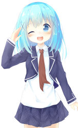 Rule 34 | 1girl, ;d, alternate hair length, alternate hairstyle, arm up, blue eyes, blue hair, blue jacket, blue skirt, blush, brown necktie, collared shirt, commentary request, cowboy shot, cropped jacket, gochuumon wa usagi desu ka?, hair between eyes, hair ornament, highres, jacket, kafuu chino, long hair, long sleeves, looking at viewer, necktie, one eye closed, open clothes, open jacket, open mouth, plaid, plaid skirt, pleated skirt, shiraki shiori, shirt, simple background, skirt, smile, solo, white background, white shirt, x hair ornament