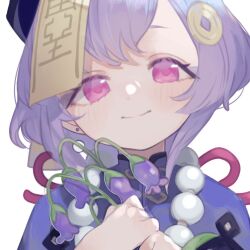 Rule 34 | 1girl, 750x077, bead necklace, beads, bellflower, blush, chinese clothes, closed mouth, coin hair ornament, dress, flower, genshin impact, hair ornament, hat, highres, jewelry, jiangshi, long sleeves, looking at viewer, necklace, ofuda, portrait, purple dress, purple eyes, purple hair, purple hat, qiqi (genshin impact), short hair, sidelocks, simple background, smile, solo, upper body, white background, wide sleeves