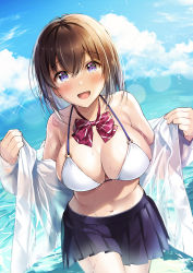 Rule 34 | 1girl, :d, bikini, black skirt, blue sky, blush, breasts, brown hair, cleavage, cloud, commentary request, day, hair between eyes, highres, horizon, large breasts, lens flare, looking at viewer, navel, o-ring, o-ring bikini, ocean, open mouth, original, outdoors, purple eyes, shiro kuma shake, shirt, skirt, sky, smile, solo, standing, stomach, swimsuit, white bikini, white shirt