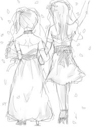 Rule 34 | 10s, 2girls, arm up, bare shoulders, bouquet, bridal veil, choker, comic, dress, flower, from behind, full body, gentletiger, greyscale, high heels, kaga (kancolle), kantai collection, locked arms, long hair, monochrome, multiple girls, prosthesis, prosthetic leg, see-through, short hair, side ponytail, simple background, veil, wedding dress, white background, wife and wife, yuri, zuikaku (kancolle)