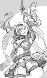 Rule 34 | &gt;:d, 10s, 1girl, :d, armor, belt, breasts, cleavage, cleavage cutout, clothing cutout, granblue fantasy, greyscale, hair intakes, large breasts, long hair, monochrome, navel, niku-name, open mouth, polearm, showgirl skirt, simple background, smile, solo, spear, twintails, v-shaped eyebrows, weapon, white background, zeta (granblue fantasy)