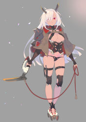 Rule 34 | 1girl, arms at sides, black panties, blade horns, breasts, brown capelet, capelet, enkyo yuuichirou, grey background, hair over one eye, highres, holding, holding weapon, knee pads, long hair, looking at viewer, medium breasts, original, panties, parted lips, red eyes, simple background, solo, standing, thigh strap, underwear, weapon, white hair