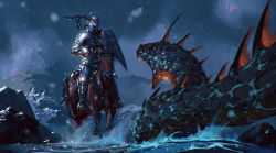 Rule 34 | 1other, absurdres, ambiguous gender, animal, armor, blurry, blurry foreground, cloud, cloudy sky, facing another, full armor, gauntlets, helm, helmet, highres, holding, holding shield, horse, kalmahul, knight, night, open mouth, original, rain, scales, sharp teeth, shield, shoulder plates, sky, snake, teeth, water
