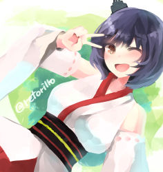 Rule 34 | 10s, bad id, bad pixiv id, bare shoulders, black hair, breasts, detached sleeves, hair ornament, highres, japanese clothes, kantai collection, nontraditional miko, obi, one eye closed, open mouth, red eyes, retorillo, sash, short hair, skirt, smile, solo, twitter username, v, yamashiro (kancolle)