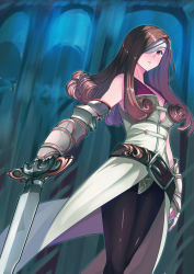 Rule 34 | 1girl, armor, beatrix, belt, black pantyhose, brown eyes, brown hair, commentary, dress, drill hair, elbow gloves, english commentary, eyepatch, final fantasy, final fantasy ix, fingerless gloves, gauntlets, gloves, highres, holding, holding sword, holding weapon, indoors, kagematsuri, leotard, light frown, lips, long hair, looking at viewer, pantyhose, parted lips, red eyes, save the queen, sleeveless, sleeveless dress, standing, sword, weapon, white dress, white leotard