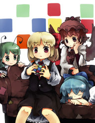 Rule 34 | 4girls, animal ears, antennae, blonde hair, blue hair, bow, cirno, closed eyes, couch, dress, earrings, female focus, green eyes, green hair, hair bow, hand on own cheek, hand on own face, jewelry, long sleeves, looking at another, multiple girls, murani, mystia lorelei, necktie, red eyes, red hair, rubik&#039;s cube, rumia, sleeping, team 9 (touhou), touhou, wide sleeves, winged hat, wings, wriggle nightbug