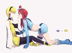 Rule 34 | 10s, 2girls, all fours, bad id, bad pixiv id, blonde hair, blue footwear, bookshelf, boots, bow, cable, choker, creatures (company), elbow gloves, elesa (pokemon), finger to mouth, game freak, gloves, gym leader, hair bow, headphones, hometown, long hair, multiple girls, naughty face, nintendo, pantyhose, pokemon, pokemon bw, red hair, short hair, short shorts, shorts, skyla (pokemon), smile, thigh strap, topknot, yuri