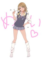Rule 34 | 1girl, black eyes, black sweater vest, blonde hair, bow, bowtie, breasts, brown hair, character name, cleavage, closed mouth, collared shirt, ear piercing, earrings, eitopondo, eyes visible through hair, full body, gradient hair, grey bow, grey bowtie, grey skirt, gyaru, hand on own hip, hand up, heart, highres, holding, holding own hair, idolmaster, idolmaster shiny colors, izumi mei, jewelry, kneehighs, licking lips, light blush, long hair, loose socks, medium breasts, miniskirt, multicolored hair, no shoes, piercing, plaid, plaid bow, plaid bowtie, pleated skirt, school uniform, shirt, skirt, sleeves pushed up, socks, solo, standing, sweater vest, tongue, tongue out, white background, white shirt, white socks