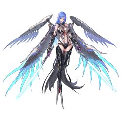 Rule 34 | 1girl, bare shoulders, blue hair, blue wings, breasts, claws, detached sleeves, energy sword, highleg, highres, holding, holding sword, holding weapon, large breasts, long hair, mecha musume, multiple wings, navel, original, punishing: gray raven, see-through, simple background, skindentation, solo, sword, tattoo, tsuki no i-min, weapon, wings