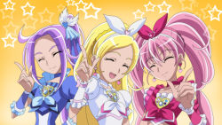 Rule 34 | 3girls, anime coloring, blonde hair, blue choker, bow, bow hairband, choker, closed eyes, closed mouth, collarbone, crop top, cure beat, cure melody, cure rhythm, damascus (dearigazu2001), frills, hair between eyes, hair bow, hair intakes, hair ornament, hairband, heart, heart hair ornament, highres, houjou hibiki, index finger raised, kurokawa eren, long hair, minamino kanade, multiple girls, parted bangs, pink hair, precure, purple hair, red bow, red choker, seiren (suite precure), star (symbol), starry background, suite precure, upper body, very long hair, white bow, white choker, white hairband, yellow background