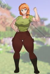 Rule 34 | 1girl, alex (minecraft), artist name, boots, braid, breasts, green eyes, green shirt, highres, looking at viewer, medium breasts, minecraft, orange hair, pants, shirt, tfa, thick thighs, thighs, twitter username, watermark, wide hips