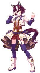 Rule 34 | 1girl, animal ears, boots, eyepatch, full body, garter straps, horse ears, horse girl, horse tail, midriff, multicolored hair, official art, open clothes, pendant choker, purple hair, purple thighhighs, red shorts, shorts, solo, starting future (umamusume), tail, tanino gimlet (umamusume), thighhighs, thighhighs under boots, two-tone hair, umamusume, yellow eyes