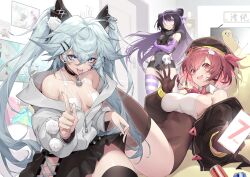 Rule 34 | 3girls, absurdres, bare shoulders, black hair, blue eyes, blue nails, breasts, capsule, cleavage, florence (drugged chocolate) (neural cloud), food, girls&#039; frontline neural cloud, hair ornament, hairclip, highres, indoors, jacket, kac-pdw (girls&#039; frontline), kneeling, lifting own clothes, long hair, looking at viewer, lying, medium breasts, microskirt, multiple girls, open clothes, open jacket, purple eyes, purple hair, red eyes, red hair, shanyao jiang tororo, short hair, sideboob, skirt, small breasts, standing, tongue, tongue out, twintails, white nails, willow (neural cloud)