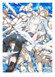 Rule 34 | 1boy, battle tendency, bespectacled, blonde hair, caesar anthonio zeppeli, dress shirt, facial mark, feather hair ornament, feathers, glasses, hair ornament, highres, jojo no kimyou na bouken, lying, male focus, on back, partially submerged, robot, sashiyu, shirt, sleeping, solo
