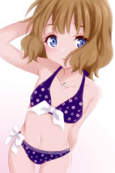 Rule 34 | 1girl, arm behind back, arm behind head, bikini, blue bikini, blue eyes, blush, bow, brown hair, collarbone, commentary request, cowboy shot, flat chest, front-tie bikini top, front-tie top, highres, idolmaster, idolmaster million live!, jewelry, kouno tooru (stoneandrose123), looking at viewer, medium hair, navel, necklace, parted lips, print bikini, sidelocks, solo, stomach, suou momoko, swimsuit, thighs, wavy hair, white background, white bow
