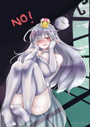 Rule 34 | 1girl, absurdres, alternate costume, artist name, bare shoulders, blush, boo (mario), breast press, breasts, choker, cleavage, elbow gloves, english text, floating, frilled choker, frilled gloves, frilled leotard, frills, gloves, hair between eyes, hands on own face, highleg, highleg leotard, highres, indoors, knees up, leotard, long hair, long legs, looking at viewer, luigi&#039;s mansion, mario (series), new super mario bros. u deluxe, nintendo, no shoes, nose blush, one eye closed, pink pupils, pointy ears, princess king boo, red eyes, see-through, see-through skirt, shiny skin, shy, sidelocks, silver hair, skirt, solo, strapless, strapless leotard, super crown, thick thighs, thighhighs, thighs, tnolize, toes, very long hair, white choker, white gloves, white leotard, white thighhighs, wide hips, window shadow, windowsill