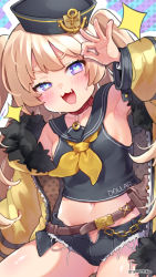 Rule 34 | 1girl, :3, :d, arm up, armpits, azur lane, bache (azur lane), bare shoulders, belt, black headwear, black shirt, black shorts, blonde hair, choker, crop top, cutoffs, denim, denim shorts, exposed pocket, fang, fur trim, heart, heart-shaped pupils, highres, jacket, long hair, long sleeves, looking at viewer, micro shorts, midriff, navel, neckerchief, off shoulder, ok sign, open clothes, open fly, open jacket, open mouth, puffy sleeves, purple eyes, sailor collar, shirt, shorts, sleeveless, sleeveless shirt, smile, solo, stomach, symbol-shaped pupils, thighs, trente, two side up, yellow jacket