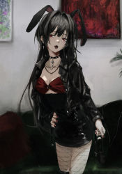 Rule 34 | 1girl, 7ife, absurdres, animal ears, bag, black choker, black hair, black jacket, black skirt, breasts, choker, cleavage, commentary, cowboy shot, cross, cross earrings, ear piercing, earrings, english commentary, fangs, fishnet pantyhose, fishnets, goth fashion, gothic, hand on own hip, handbag, high-waist skirt, highres, holding, holding bag, indoors, jacket, jewelry, leather, leather jacket, long hair, long sleeves, looking at viewer, nail polish, necklace, open mouth, original, pantyhose, piercing, rabbit ears, red eyes, red nails, red shirt, shirt, skirt, solo, studded choker