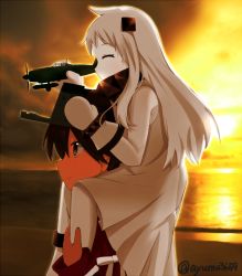 Rule 34 | 10s, 2girls, abyssal ship, aircraft, airplane, ayumu (ayumu3659), bad id, bad pixiv id, brown eyes, brown hair, carrying, carrying over shoulder, cloud, cloudy sky, commentary request, dress, closed eyes, happy, hat, horns, kantai collection, long hair, mittens, multiple girls, northern ocean princess, ocean, piggyback, profile, ryuujou (kancolle), shore, shoulder carry, silver hair, sky, sleeveless, sleeveless dress, smile, sunset, twitter username, very long hair, visor cap, white dress
