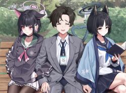 Rule 34 | 1boy, 2girls, ^ ^, absurdres, animal ears, arm hug, bench, black choker, black hair, black jacket, black pantyhose, blue archive, blue archive the animation, bocchi (kuropom7), book, cat ears, cat tail, choker, closed eyes, crossed legs, formal, grey suit, halo, hands in pockets, haori, heart, heart tail, hetero, highres, holding, holding book, hood, hooded jacket, jacket, japanese clothes, kazusa (blue archive), kikyou (blue archive), lanyard, miniskirt, multicolored hair, multiple girls, on bench, outdoors, pantyhose, park bench, pink hair, reading, school uniform, sensei (blue archive), sensei (blue archive the animation), serafuku, shirt, short hair, sitting, skirt, suit, tail, tail around arm, trait connection, two-tone hair, white shirt