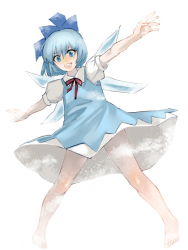 Rule 34 | 1girl, barefoot, blue dress, blue eyes, blue hair, bow, cirno, dress, embodiment of scarlet devil, female focus, full body, hair bow, legs apart, looking at viewer, matching hair/eyes, mugishima orie, open mouth, outstretched arms, simple background, solo, standing, touhou, white background, wings