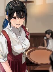 Rule 34 | 1boy, 1girl, black hair, blurry, blurry background, blurry foreground, breasts, clenched teeth, collared shirt, commentary request, depth of field, dress shirt, funi mu9, hair between eyes, highres, holding, holding plate, indoors, long hair, looking at viewer, medium breasts, mole, mole under eye, original, parted lips, plate, red eyes, red skirt, shirt, sidelocks, skirt, smile, solo focus, teeth, waitress, white shirt