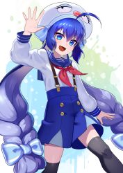 Rule 34 | 1girl, :d, ahoge, aqua bow, aqua hat, arm at side, arm up, black thighhighs, blue eyes, blue hair, blue sailor collar, blue skirt, bow, buttons, eel hat, fang, gradient hair, hair bow, hand up, hat, highres, leg lift, long hair, long sleeves, looking at viewer, low-braided long hair, low-tied long hair, low twintails, multicolored hair, neckerchief, open mouth, otomachi una, red neckerchief, sailor collar, saz8720, school uniform, serafuku, skin fang, skirt, smile, solo, suspender skirt, suspenders, thighhighs, tsurime, twintails, very long hair, vocaloid, waving, white background