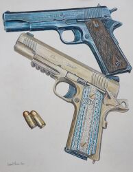 Rule 34 | .45 acp, ammunition, cartridge, colored pencil (medium), commentary, company name, crossed out, dated, english commentary, gun, handgun, highres, logo, lorin michki, m1911, m45 meusoc, no humans, original, screw, second-party source, signature, simple background, still life, traditional media, weapon, weapon family, weapon focus