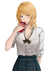 Rule 34 | 1girl, arm behind back, black bow, black bowtie, blonde hair, blue eyes, blue nails, blush, bow, bowtie, breasts, cellphone, checkered clothes, checkered skirt, cleavage, closed mouth, collarbone, earrings, heterochromia, holding, holding phone, jewelry, lips, long hair, looking at viewer, medium breasts, nail polish, phone, renown (warship girls r), rifu (643763873), shirt, skirt, smartphone, solo, standing, upper body, warship girls r, white background, white shirt, yellow eyes