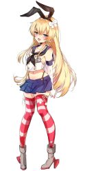 Rule 34 | 1girl, anchor hair ornament, arms behind back, black hairband, black neckerchief, black panties, blonde hair, blue eyes, blue skirt, blush, bow, chigasaki yukari, collarbone, crossed bangs, elbow gloves, gloves, hair bow, hair ornament, hairband, highleg, highleg panties, highres, kantai collection, legs together, long hair, looking at viewer, midriff, miniskirt, navel, neckerchief, open mouth, own hands together, panties, panty straps, pigeon-toed, pleated skirt, pom pom (clothes), ribbon, sailor collar, shimakaze (kancolle), shoes, skindentation, skirt, solo, standing, striped clothes, striped thighhighs, teeth, thighhighs, thong, underwear, upper teeth only, white background, white bow, white gloves, white ribbon, zettai ryouiki