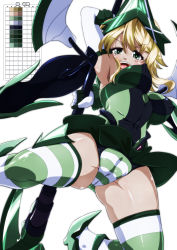 Rule 34 | 1girl, akatsuki kirika, blonde hair, blush, breasts, cameltoe, cleft of venus, covered erect nipples, covered navel, elbow gloves, gloves, green eyes, green leotard, headgear, highres, impossible clothes, impossible leotard, large breasts, leotard, looking at viewer, open mouth, scythe, senki zesshou symphogear, shiny clothes, shiny skin, short hair, skin tight, skindentation, smile, solo, spread legs, striped clothes, striped thighhighs, tappa (esperanza), thighhighs, white background