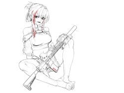 Rule 34 | 1girl, alma01, alternate costume, assault rifle, bad id, bad twitter id, bare shoulders, braid, breasts, collar, commentary, full body, girls&#039; frontline, greyscale, gun, hair between eyes, hair ornament, highres, knees apart feet together, long hair, looking at viewer, m4 carbine, m4 sopmod ii, m4 sopmod ii (girls&#039; frontline), monochrome, multicolored hair, off shoulder, open mouth, red eyes, red hair, rifle, scope, short shorts, short sleeves, shorts, sideboob, sidelocks, simple background, sitting, smile, solo, streaked hair, suppressor, weapon, white background