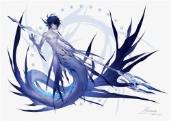 Rule 34 | 1boy, arsh (thestarwish), artist name, black hair, closed mouth, dated, fins, gills, grey background, heterochromia, holding, holding weapon, looking at viewer, male focus, merman, monster boy, navel, nipples, original, pale skin, polearm, simple background, solo, star (symbol), toned, toned male, trident, weapon
