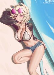 Rule 34 | 1girl, animal ears, arknights, beach, bikini, blonde hair, blue sky, braid, breasts, cloud, commentary request, day, denim, denim shorts, eyewear on head, fang, foot out of frame, grey bikini, highres, large breasts, lying, navel, on side, open clothes, purple eyes, short hair, short shorts, shorts, siguya, skin fang, sky, snake tail, solo, stomach, striped bikini, striped clothes, sunglasses, swimsuit, tail, thighs, utage (arknights), utage (summer flowers) (arknights)