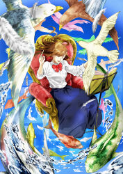 Rule 34 | 1girl, absurdres, bird, blue background, blue skirt, bow, brown hair, chair, closed eyes, eagle, falling feathers, feathers, fish, highres, long sleeves, muipks, music stand, open mouth, original, red bow, seagull, shirt, sitting, skirt, solo, water, water drop, white shirt