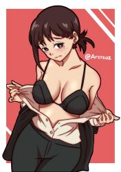 Rule 34 | 1girl, arcreuz, arms at sides, bare shoulders, black bra, blush, bra, breasts, brown hair, button shirt, buttons, chainsaw man, cleavage, clothes around waist, collarbone, denim, embarrassed, female focus, hair behind ear, hair ornament, hair tie, hairclip, head tilt, higashiyama kobeni, highres, jacket, jacket around waist, unworn jacket, jeans, large breasts, legs, looking at viewer, mole, mole under eye, neck, pants, ponytail, presenting, red background, red eyes, removing shirt, shirt, simple background, solo, standing, thigh gap, unbuttoned, unbuttoned shirt, underwear, undressing, white background, white shirt, wide hips