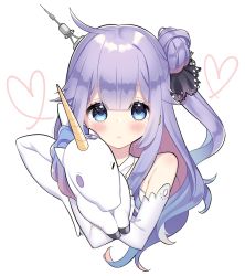 Rule 34 | 1girl, :&lt;, azur lane, bad id, bad pixiv id, bare shoulders, blush, closed mouth, cropped torso, elbow gloves, gloves, hair between eyes, hair bun, heart, kanno sayu, long hair, looking at viewer, one side up, purple eyes, purple hair, single hair bun, solo, stuffed winged unicorn, unicorn, unicorn (azur lane), upper body, white background, white gloves