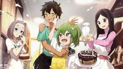 4girls apron black_eyes black_skirt blue_eyes brown_hair cake chocolate chocolate_cake clothes_writing clothing_cutout dark-skinned_female dark_skin eating fang food green_eyes green_hair green_shirt hair_between_eyes hand_on_another&#039;s_cheek hand_on_another&#039;s_face heart height_difference highres holding holding_cake holding_chocolate holding_food igarashi_futaba_(shiromanta) kurobe_natsumi_(shiromanta) long_hair medium_hair mo0o0rae mole mole_under_eye multiple_girls open_mouth parted_bangs pastry_bag pink_sweater sakurai_touko senpai_ga_uzai_kouhai_no_hanashi shirt shirt_tucked_in short_hair shoulder_cutout skirt smile sweater tsukishiro_mona_(shiromanta) turtleneck turtleneck_sweater upper_body white_apron white_background yellow_apron yellow_eyes