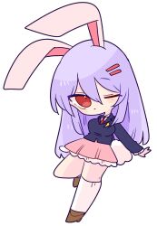 Rule 34 | 1girl, animal ears, black jacket, blazer, blush, brown footwear, closed mouth, crescent, crescent pin, full body, hair between eyes, hair ornament, hairclip, highres, jacket, light purple hair, long hair, long sleeves, necktie, one eye closed, op na yarou, pink skirt, rabbit ears, rabbit tail, red eyes, red necktie, reisen udongein inaba, shirt, shoes, simple background, skirt, socks, solo, tail, touhou, white background, white shirt, white socks