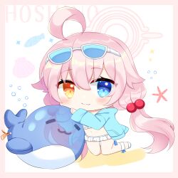 Rule 34 | 1girl, ahoge, bikini, bikini under clothes, blue-tinted eyewear, blue archive, blue eyes, blue jacket, blush, border, character name, chibi, closed mouth, colored shadow, eyewear on head, fish, frilled bikini, frills, full body, hair bobbles, hair ornament, halo, heterochromia, highres, hoshino (blue archive), hoshino (swimsuit) (blue archive), inflatable toy, inflatable whale, jacket, long sleeves, looking at viewer, low twintails, open clothes, open jacket, orange eyes, pink border, pink hair, seashell, shadow, shell, shikito (yawa0w0), simple background, sleeves past wrists, smile, solo, sparkle, starfish, sunglasses, swimsuit, tinted eyewear, transparent, twintails, white-framed eyewear, white background, white bikini, white footwear