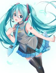Rule 34 | 1girl, aqua eyes, aqua hair, aqua nails, aqua necktie, bare shoulders, black skirt, black thighhighs, commentary, dutch angle, feathers, feet out of frame, glowing feather, grey shirt, hair ornament, hand on own chest, hatsune miku, headphones, headset, highres, long hair, looking at viewer, nail polish, necktie, open mouth, shirt, shoulder tattoo, skirt, sleeveless, sleeveless shirt, smile, solo, supo01, tattoo, thighhighs, twintails, very long hair, vocaloid, zettai ryouiki
