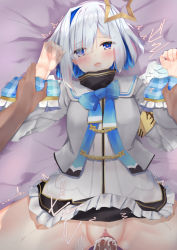 Rule 34 | amane kanata, angel wings, armband, blush, bob cut, bottomless, censored, clothed sex, clothes lift, colored inner hair, commentary request, cum, cum in pussy, grey hair, hair ornament, halo, heart, heart-shaped pupils, highres, holding hands, hololive, long sleeves, looking at viewer, lying, miniskirt, mosaic censoring, multicolored hair, no panties, on back, open mouth, penis, pov, purple eyes, pussy, ribbon, school uniform, sex, short hair, single hair intake, skirt, skirt lift, solo focus, spread legs, star halo, symbol-shaped pupils, tikuwazyousyou, vaginal, virtual youtuber, wings
