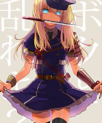 Rule 34 | 10s, 1boy, akn92, armor, belt, black thighhighs, blonde hair, blue eyes, crossdressing, dress, glowing, glowing eyes, hat, highres, japanese armor, male focus, midare toushirou, mouth hold, necktie, revision, short sword, shoulder armor, simple background, skirt hold, smile, sode, solo, sword, tantou, thighhighs, touken ranbu, trap, weapon