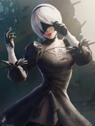 Rule 34 | 1girl, black dress, blindfold, cleavage cutout, clothing cutout, covered eyes, dress, feather-trimmed sleeves, hairband, highres, leotard, leotard under clothes, nier:automata, nier (series), short hair, side slit, silver hair, smile, solo, sunlight, themaestronoob, thighhighs, 2b (nier:automata)