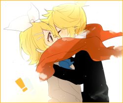Rule 34 | !, 1boy, 1girl, bad id, bad pixiv id, blonde hair, brother and sister, closed eyes, covered mouth, hetero, incest, kagamine len, kagamine rin, kiss, scarf, shared clothes, shared scarf, shichi, short hair, siblings, simple background, twincest, twins, vocaloid, white background
