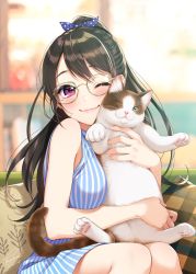 Rule 34 | 1boy, 1girl, ;), animal, bare arms, bare shoulders, blue dress, blue ribbon, blurry, blurry background, blush, cat, closed mouth, commentary request, couch, dated, depth of field, dress, glasses, hair ribbon, high ponytail, highres, hug, long hair, looking at viewer, mole, mole under eye, morikura en, on couch, one eye closed, original, pillow, polka dot, polka dot ribbon, ribbon, round eyewear, signature, sitting, sleeveless, sleeveless dress, smile, solo, striped clothes, striped dress, vertical-striped clothes, vertical-striped dress, yellow-framed eyewear