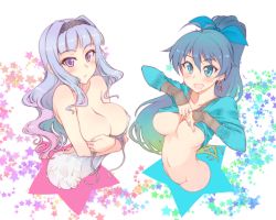Rule 34 | 2girls, antenna hair, black hair, blue eyes, blush, breasts, cleavage, clothes lift, covering breasts, covering privates, crossed arms, earrings, ganaha hibiki, gradient hair, groin, hair ribbon, hairband, idolmaster, idolmaster (classic), jewelry, kusanagi tonbo, large breasts, long hair, looking at viewer, multicolored hair, multiple girls, navel, open mouth, ponytail, purple eyes, purple hair, ribbon, shijou takane, shirt lift, silver hair, smile, star (symbol), underboob