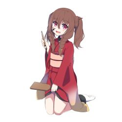 Rule 34 | :d, absurdres, blush, braid, brown hair, calligraphy brush, commentary request, facepaint, full body, hagoita, hair between eyes, highres, holding, holding paintbrush, japanese clothes, kimono, long sleeves, looking at viewer, obi, open mouth, original, paddle, paintbrush, red eyes, red kimono, sash, shirasu youichi, sidelocks, simple background, smile, socks, twin braids, twintails, white background, white socks, wide sleeves