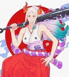 Rule 34 | 1girl, aqua hair, breasts, club, club (weapon), curled horns, earrings, gradient hair, hair ornament, hair stick, hakama, hakama pants, hand on own hip, highres, hoop earrings, horns, japanese clothes, jewelry, kimono, large breasts, long hair, looking at viewer, multicolored hair, multicolored horns, musan pro, one piece, oni, orange eyes, orange horns, pants, red hakama, red horns, rope, shimenawa, sleeveless, sleeveless kimono, spiked club, weapon, white hair, yamato (one piece), yellow horns
